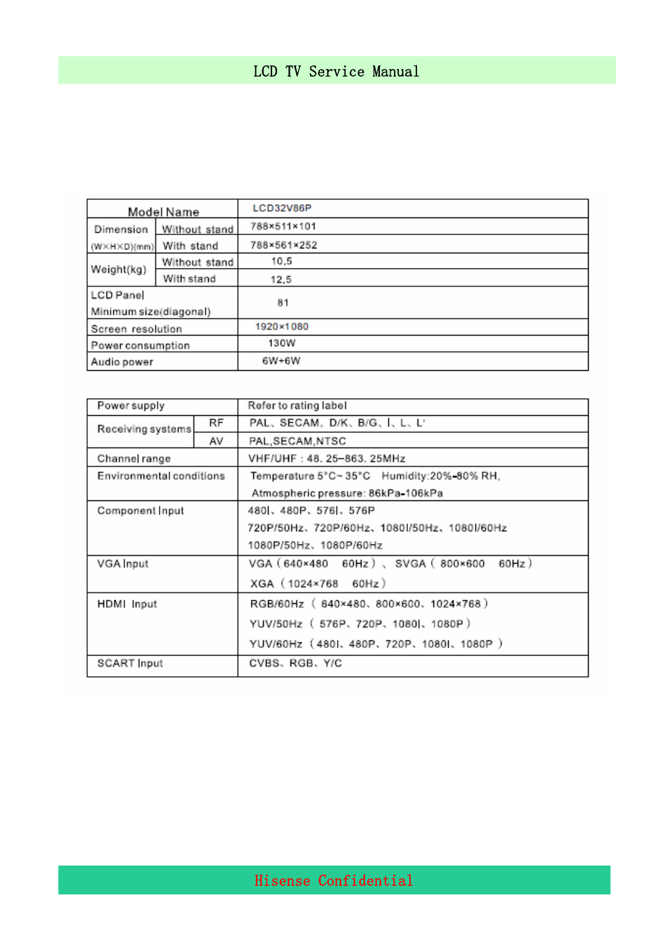 Product function specifications specifications | Hisense LCD32V86 User Manual | Page 10 / 46