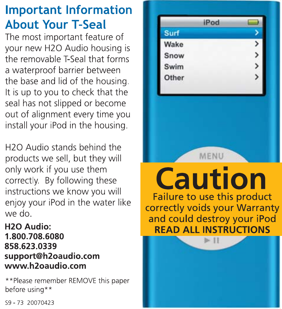 S9-73_20070423 front.pdf | X-1 (H2O Audio) T-Seal User Manual | Page 2 / 7