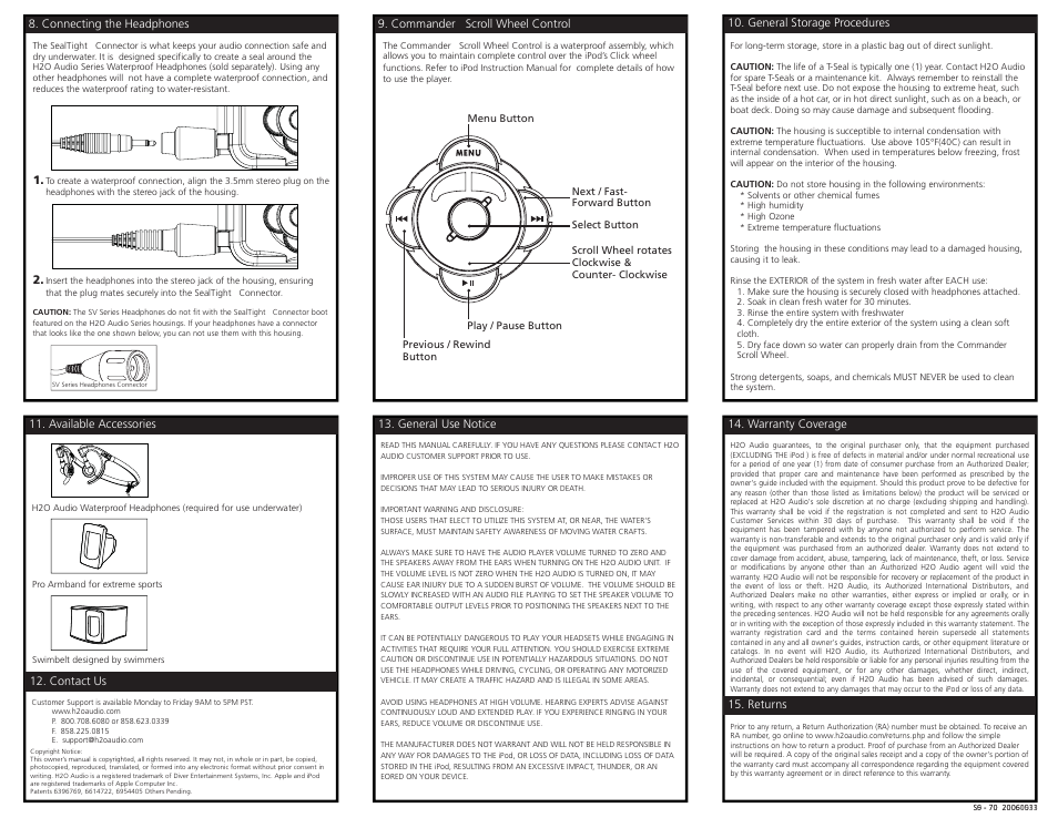 H2oaudio-nano2nd genb.pdf, Warranty coverage 15. returns, General use notice | Available accessories 12. contact us, Connecting the headphones | X-1 (H2O Audio) T-Seal User Manual | Page 7 / 7