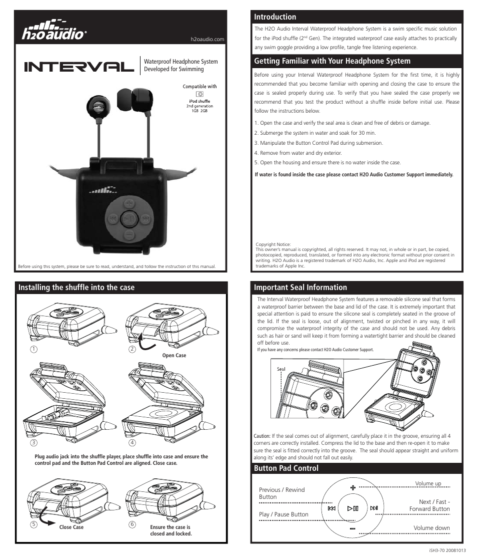 Ish3-70_20090114, Ish3-5a3_working.pdf, Important seal information button pad control | Installing the shuffle into the case, Getting familiar with your headphone system, Introduction | X-1 (H2O Audio) Interval Waterproof Headphone System User Manual | Page 3 / 4