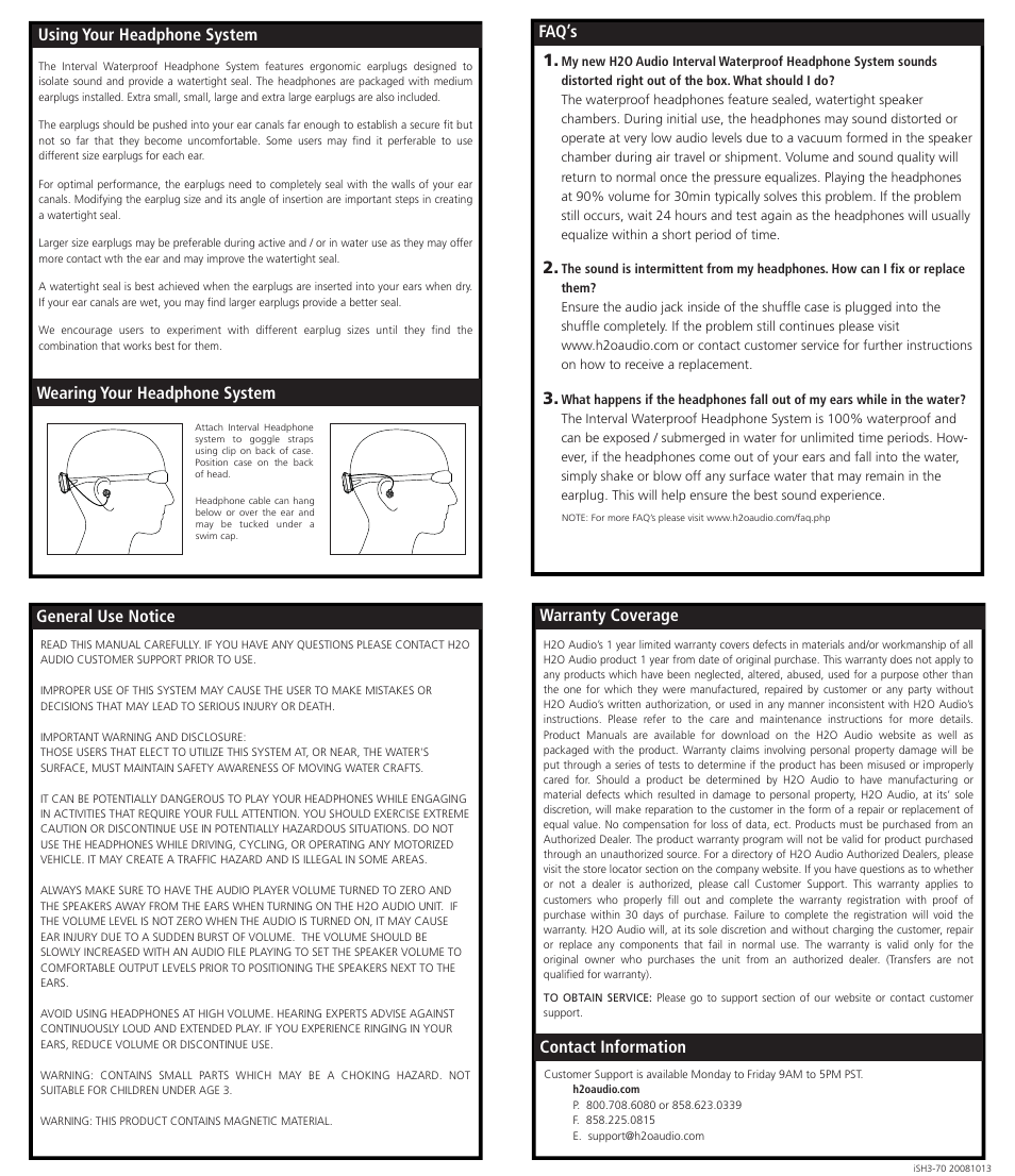 Ish3-5a3_working.ai, Warranty coverage, Contact information | General use notice, Faq’s | X-1 (H2O Audio) Interval Waterproof Headphone System User Manual | Page 4 / 4