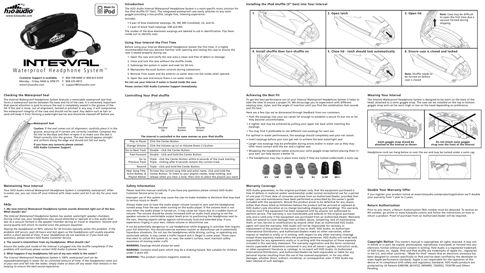 X-1 (H2O Audio) Interval Waterproof Headphone System User Manual | 1 page