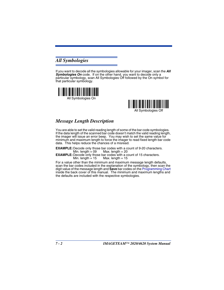 Message length description, All symbologies -2 message length description -2, All symbologies | Hand Held Products 4620 User Manual | Page 106 / 248