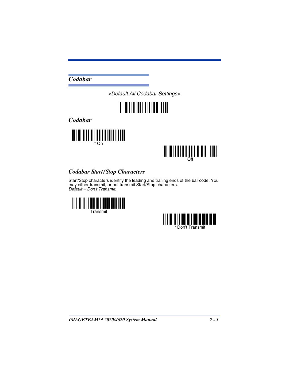 Codabar start / stop characters, Codabar -3, Codabar start/stop characters -3 | Codabar | Hand Held Products 4620 User Manual | Page 107 / 248