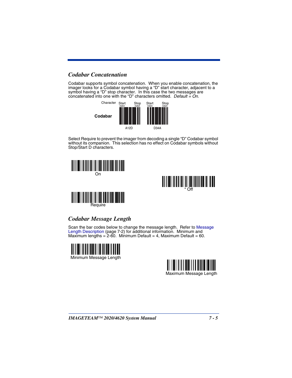 Codabar concatenation, Codabar message length, Codabar concatenation -5 codabar message length -5 | Hand Held Products 4620 User Manual | Page 109 / 248