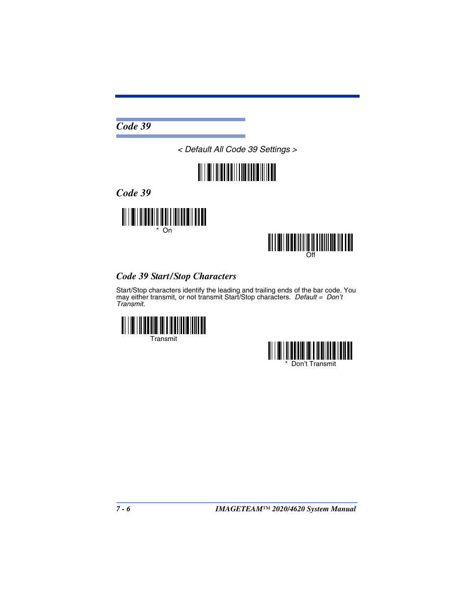 Code 39 start / stop characters, Code 39 -6, Code 39 start/stop characters -6 | Code 39 | Hand Held Products 4620 User Manual | Page 110 / 248