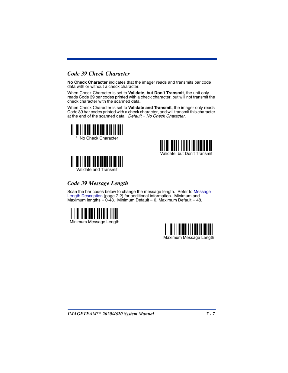 Code 39 check character, Code 39 message length | Hand Held Products 4620 User Manual | Page 111 / 248