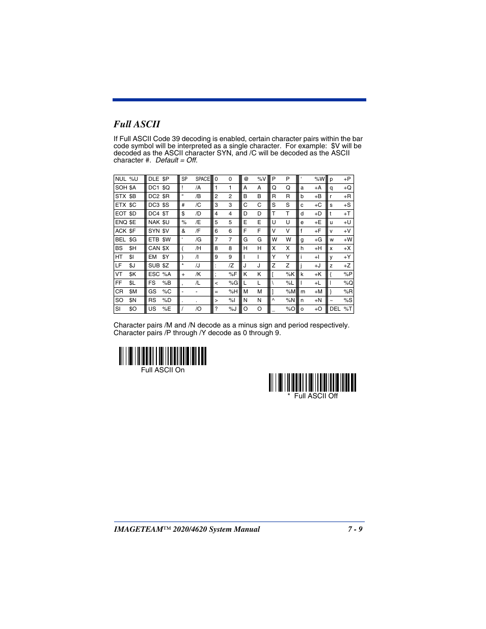Full ascii, Full ascii -9, Full ascii off full ascii on | Hand Held Products 4620 User Manual | Page 113 / 248
