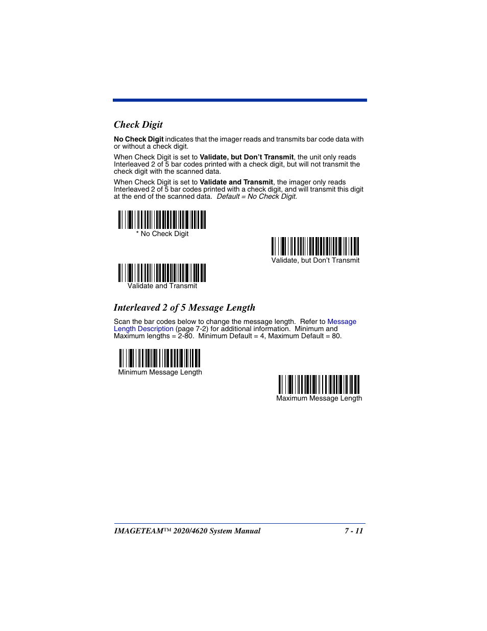 Check digit, Interleaved 2 of 5 message length | Hand Held Products 4620 User Manual | Page 115 / 248