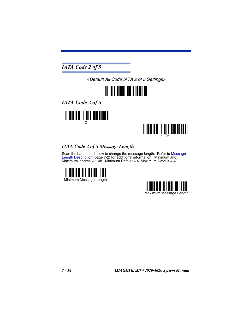 Iata code 2 of 5 message length, Iata code 2 of 5 -14, Iata code 2 of 5 message length -14 | Iata code 2 of 5 | Hand Held Products 4620 User Manual | Page 118 / 248