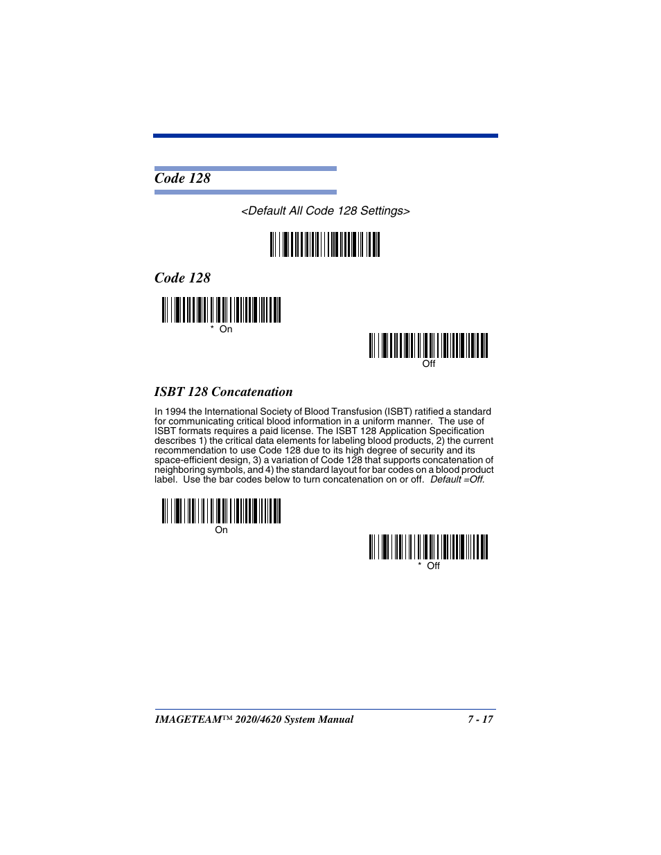 Isbt 128 concatenation, Code 128 -17, Isbt 128 concatenation -17 | Code 128 | Hand Held Products 4620 User Manual | Page 121 / 248