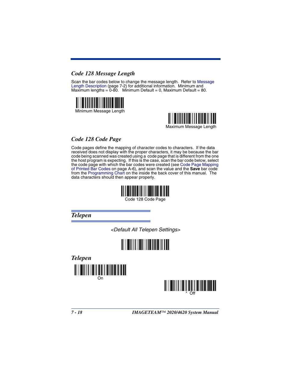 Code 128 message length, Telepen -18, Telepen | Code 128 code page | Hand Held Products 4620 User Manual | Page 122 / 248