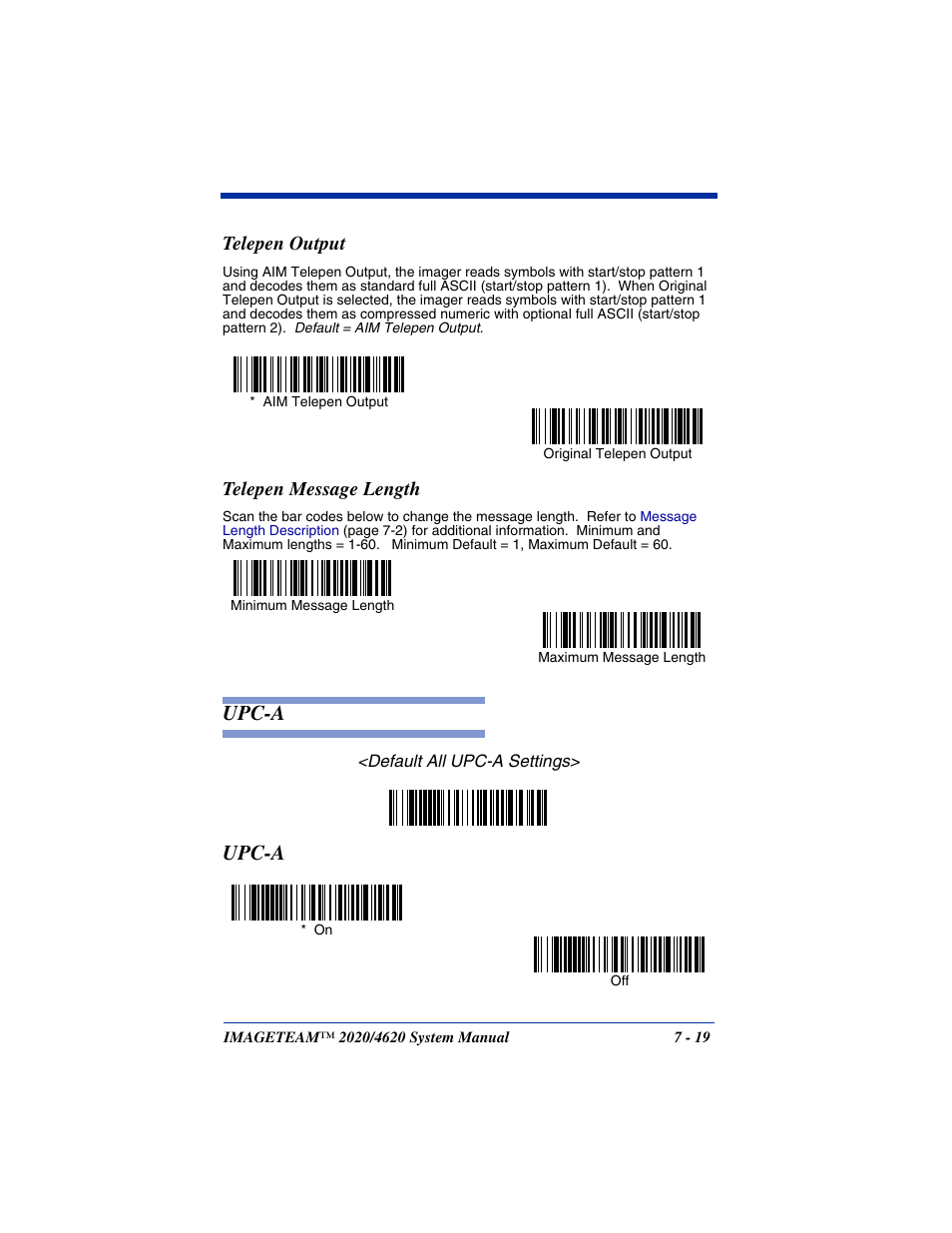 Telepen output, Telepen message length, Telepen output -19 telepen message length -19 | Upc-a -19, Upc-a | Hand Held Products 4620 User Manual | Page 123 / 248