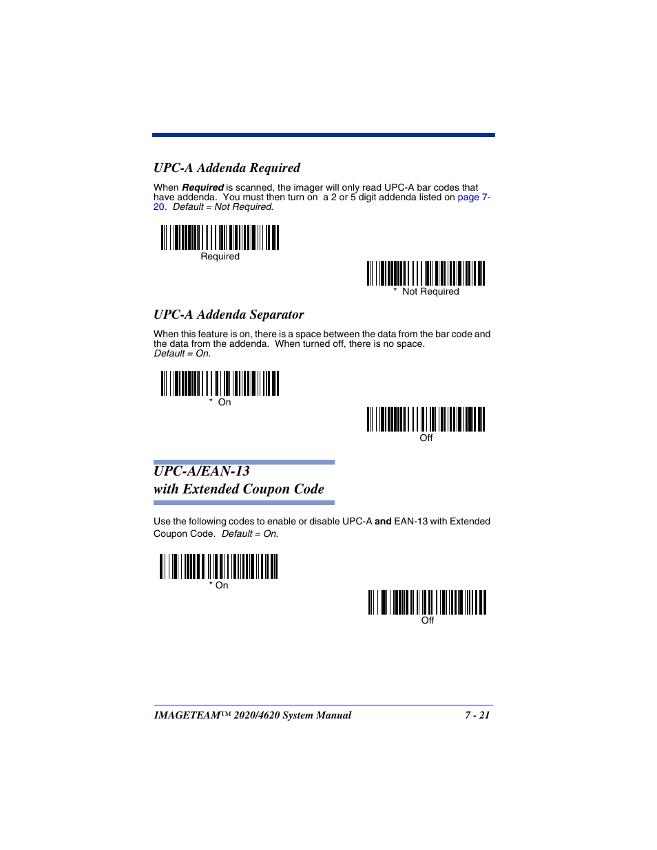 Upc-a addenda required, Upc-a addenda separator, Upc-a/ean-13 | With extended coupon code -21, Upc-a/ean-13 with extended coupon code | Hand Held Products 4620 User Manual | Page 125 / 248