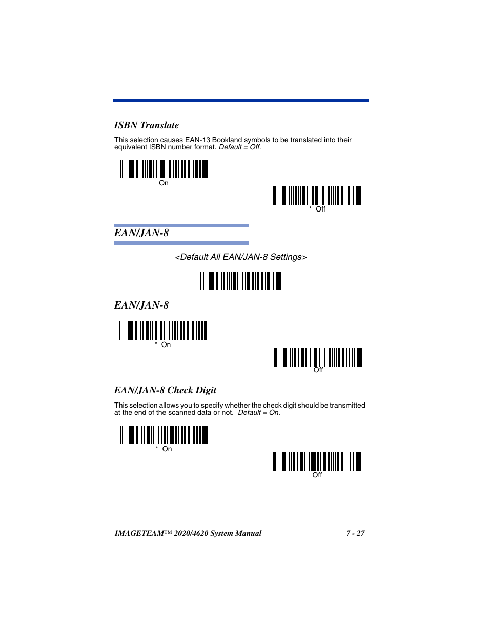 Isbn translate, Ean/jan-8 check digit, Isbn translate -27 | Ean/jan-8 -27, Ean/jan-8 check digit -27, Ean/jan-8 | Hand Held Products 4620 User Manual | Page 131 / 248