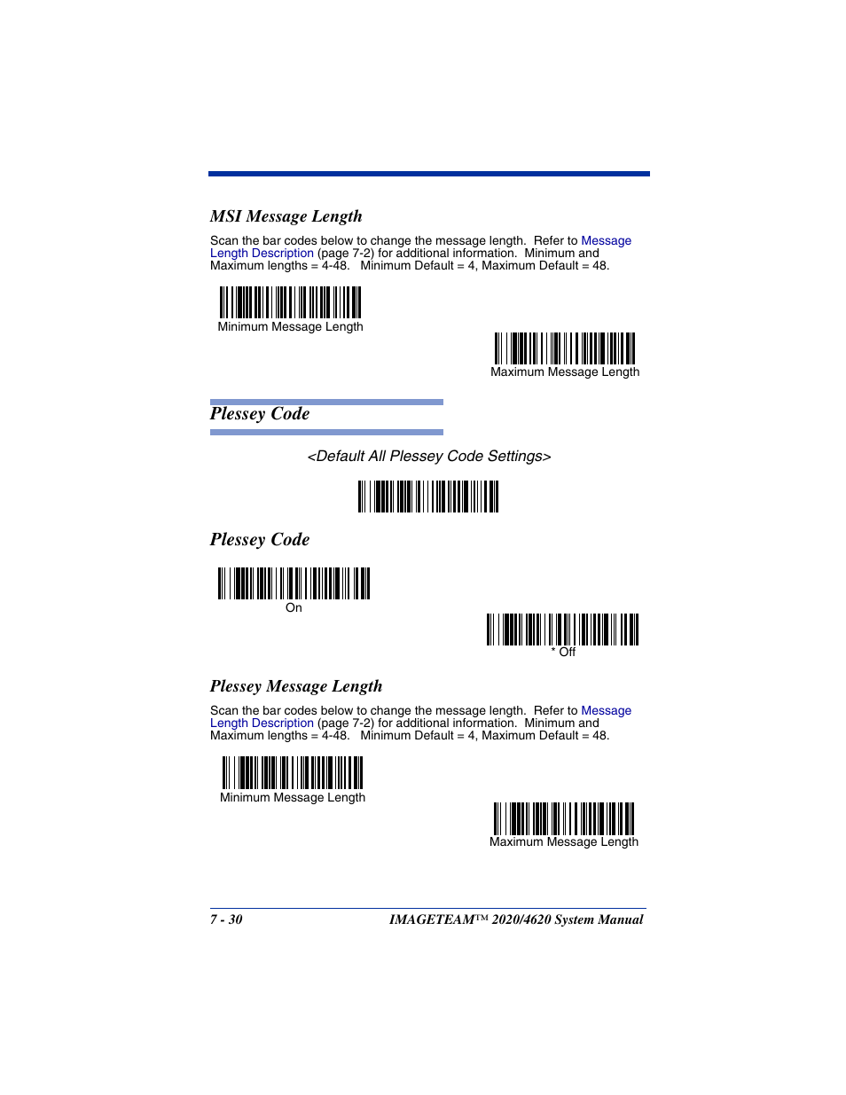 Msi message length, Plessey message length, Msi message length -30 | Plessey code -30, Plessey message length -30, Plessey code | Hand Held Products 4620 User Manual | Page 134 / 248