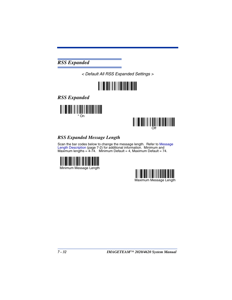 Rss expanded message length, Rss expanded -32, Rss expanded message length -32 | Rss expanded | Hand Held Products 4620 User Manual | Page 136 / 248