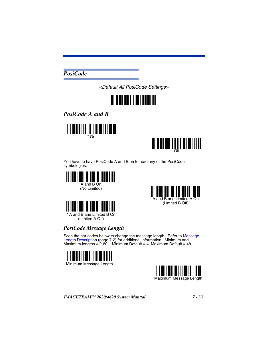 Posicode message length, Posicode -33, Posicode message length -33 | Posicode a and b, Posicode | Hand Held Products 4620 User Manual | Page 137 / 248