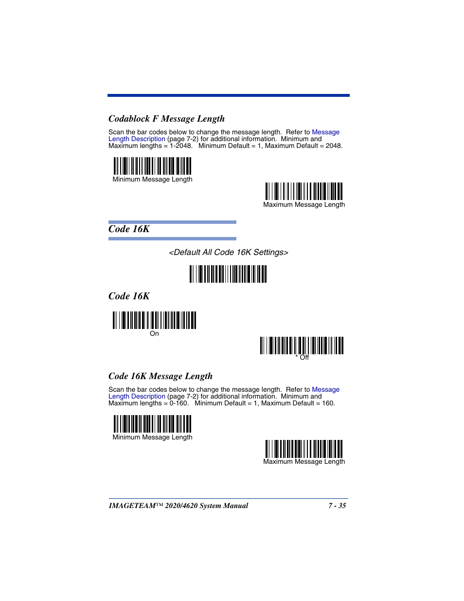 Codablock f message length, Code 16k message length, Codablock f message length -35 | Code 16k -35, Code 16k message length -35, Code 16k | Hand Held Products 4620 User Manual | Page 139 / 248