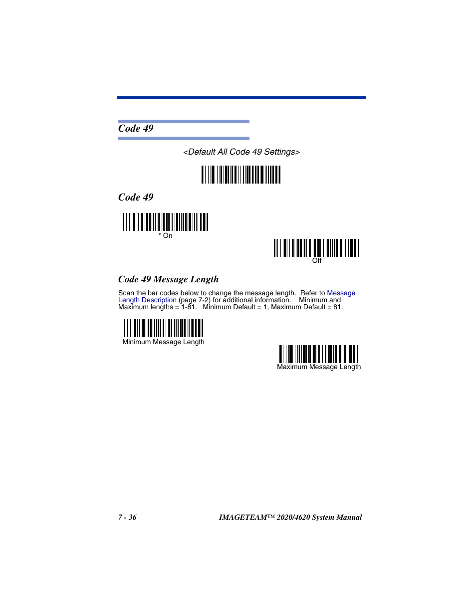 Code 49 message length, Code 49 -36, Code 49 message length -36 | Code 49 | Hand Held Products 4620 User Manual | Page 140 / 248