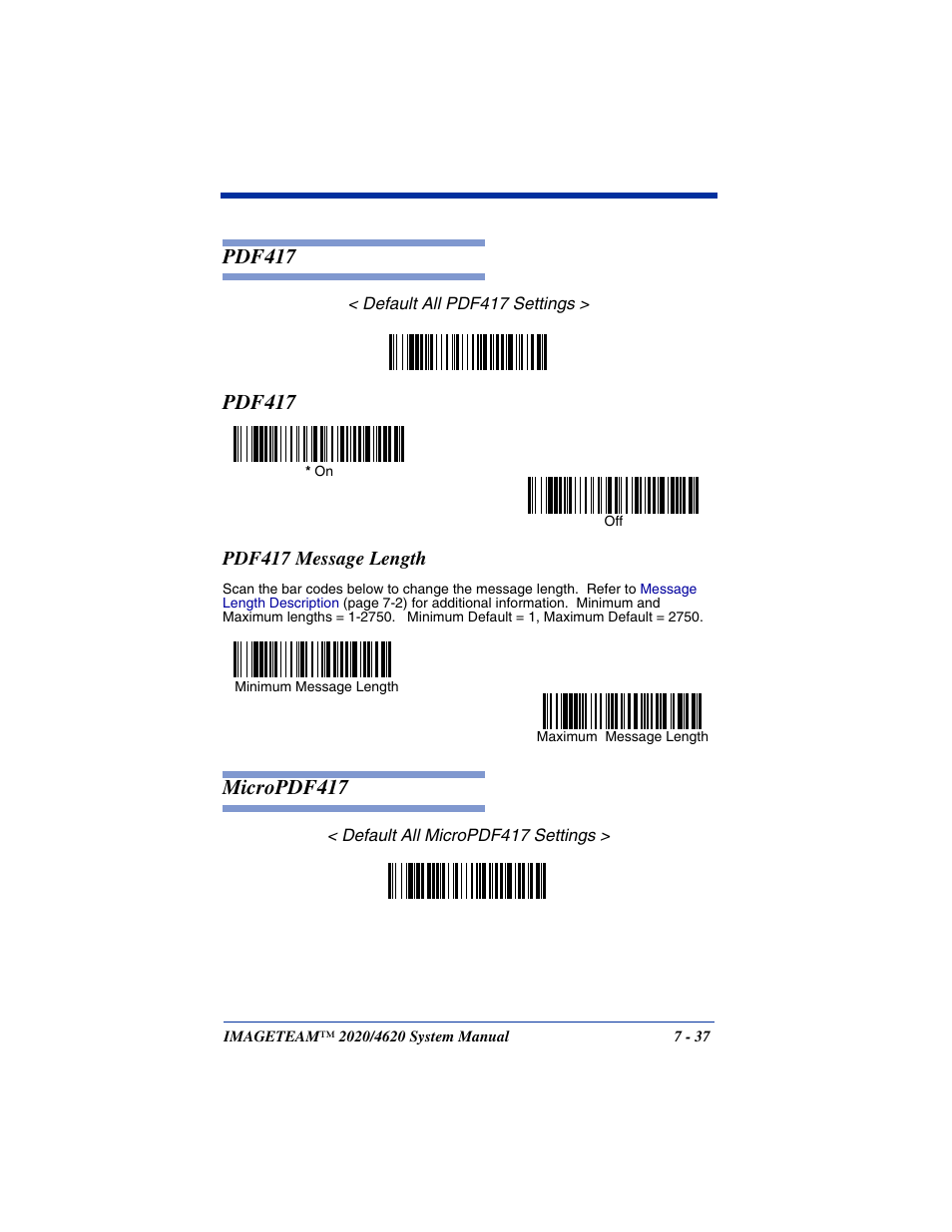 Pdf417 message length, Pdf417 -37, Pdf417 message length -37 | Micropdf417 -37, Pdf417, Micropdf417 | Hand Held Products 4620 User Manual | Page 141 / 248