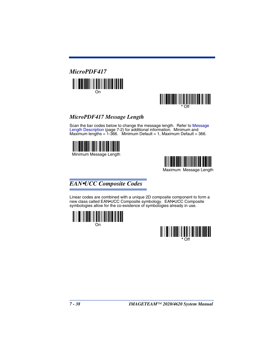 Micropdf417 message length, Micropdf417 message length -38, Ean•ucc composite codes -38 | Micropdf417, Ean•ucc composite codes, Ean • ucc composite codes | Hand Held Products 4620 User Manual | Page 142 / 248