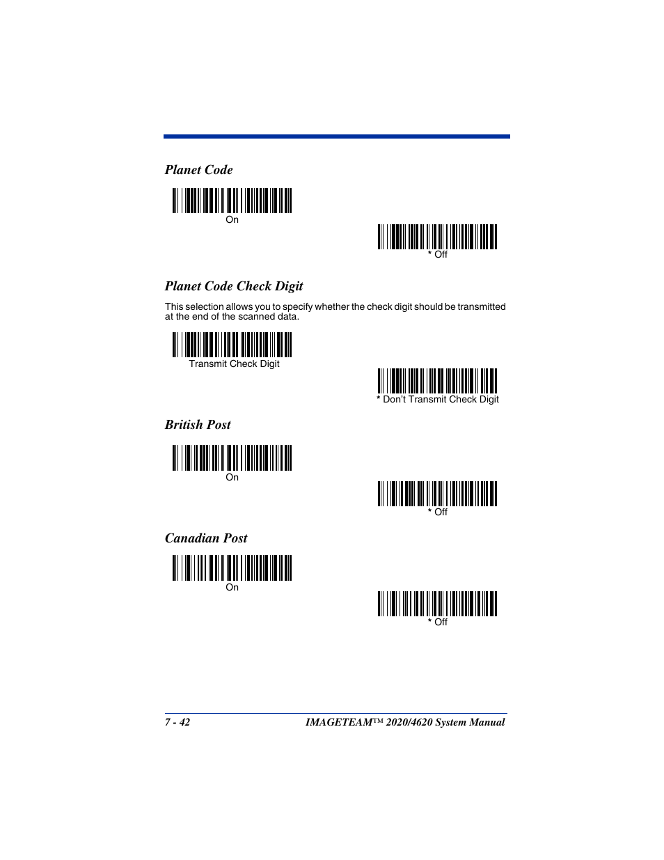 Planet code, British post, Canadian post | Planet code -42 british post -42 canadian post -42, Planet code planet code check digit, British post canadian post | Hand Held Products 4620 User Manual | Page 146 / 248