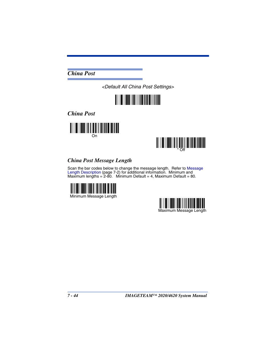 China post message length, China post -44, China post message length -44 | China post | Hand Held Products 4620 User Manual | Page 148 / 248