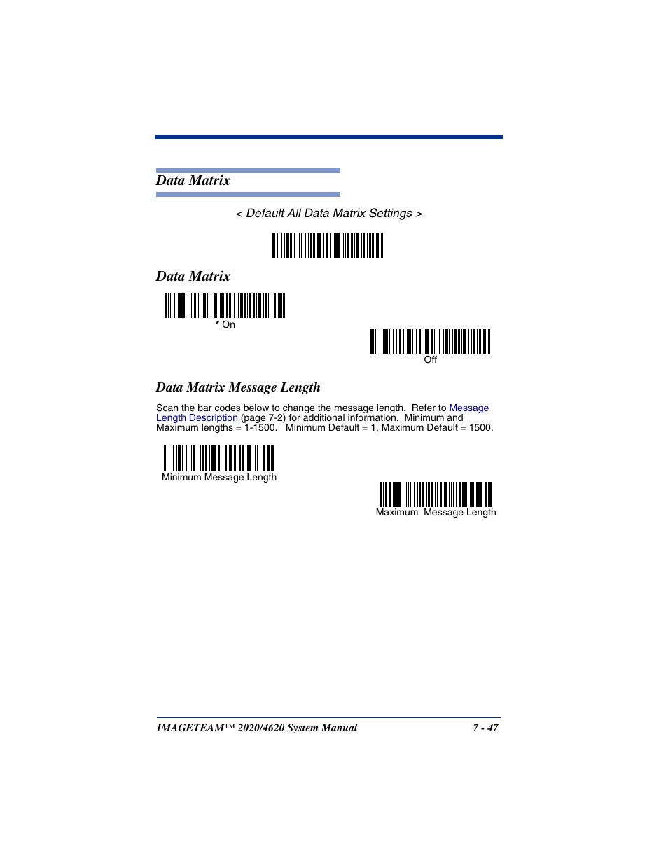 Data matrix message length, Data matrix -47, Data matrix message length -47 | Data matrix | Hand Held Products 4620 User Manual | Page 151 / 248