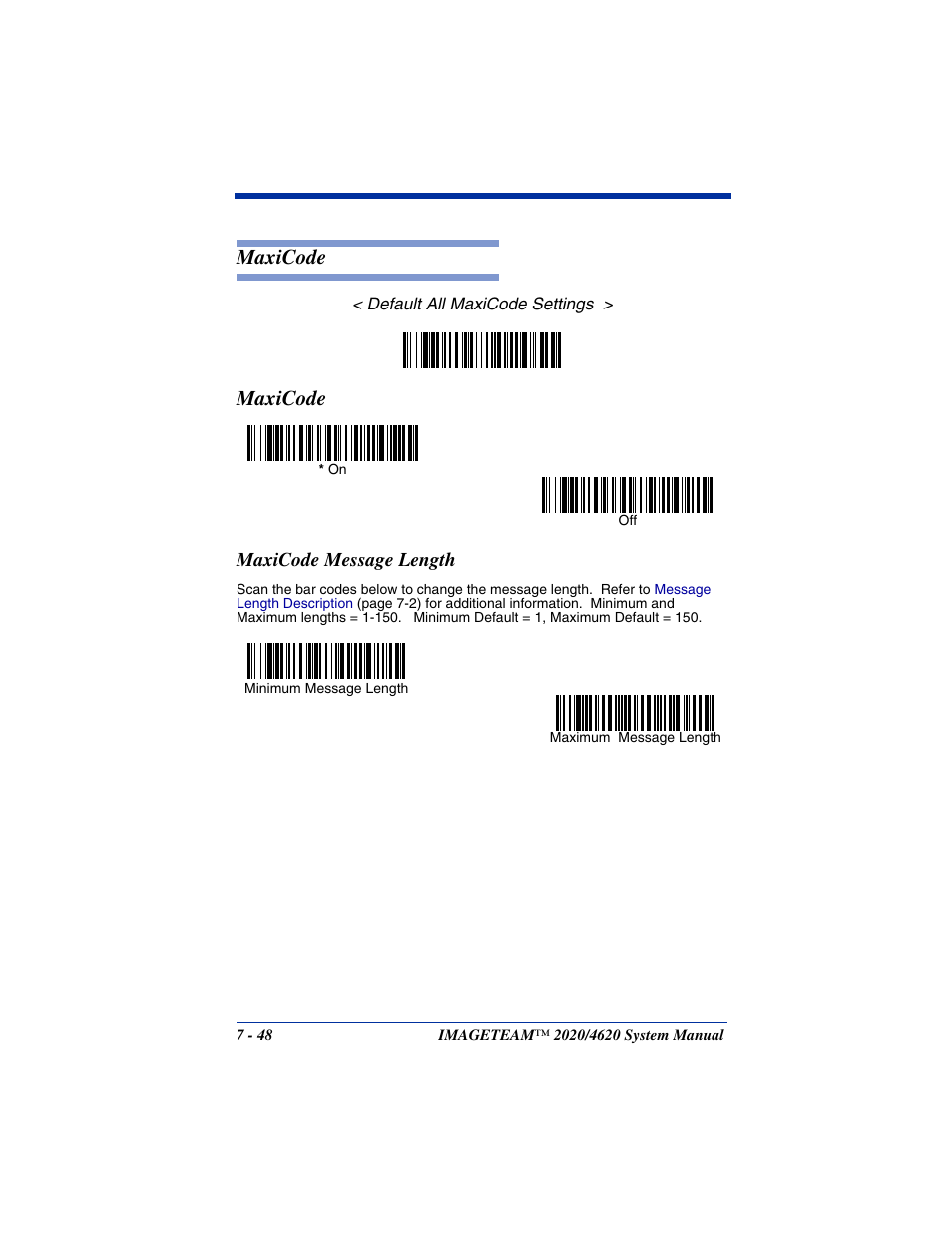 Maxicode message length, Maxicode -48, Maxicode message length -48 | Maxicode | Hand Held Products 4620 User Manual | Page 152 / 248
