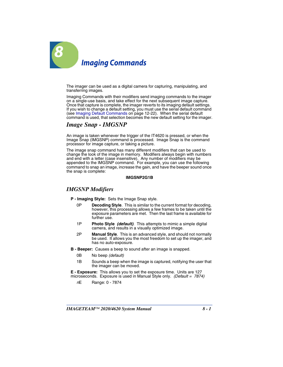 Imaging commands, Image snap - imgsnp, Imgsnp modifiers | Chapter 8 - imaging commands, Image snap - imgsnp -1, Imgsnp modifiers -1 | Hand Held Products 4620 User Manual | Page 155 / 248