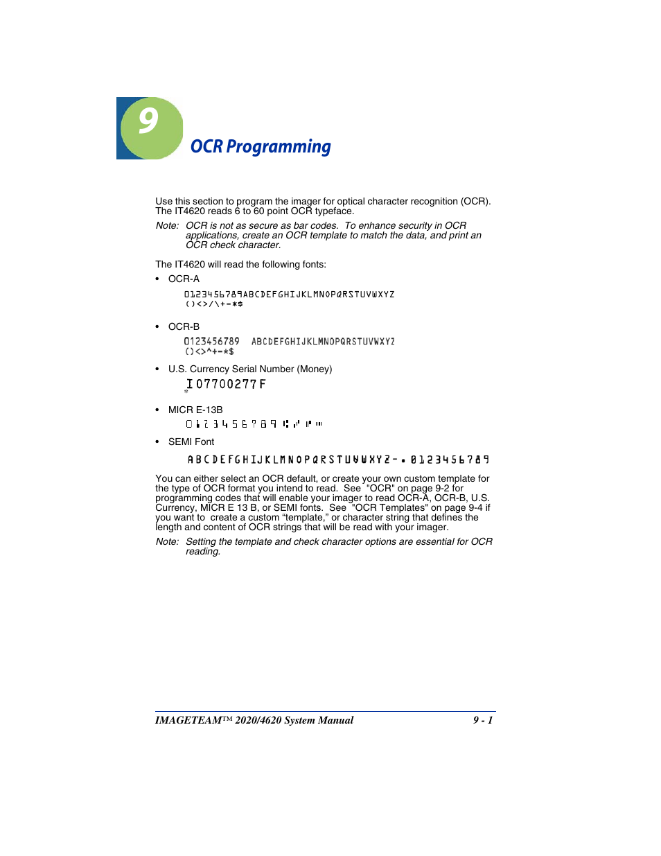 Ocr programming, Chapter 9 - ocr programming | Hand Held Products 4620 User Manual | Page 165 / 248