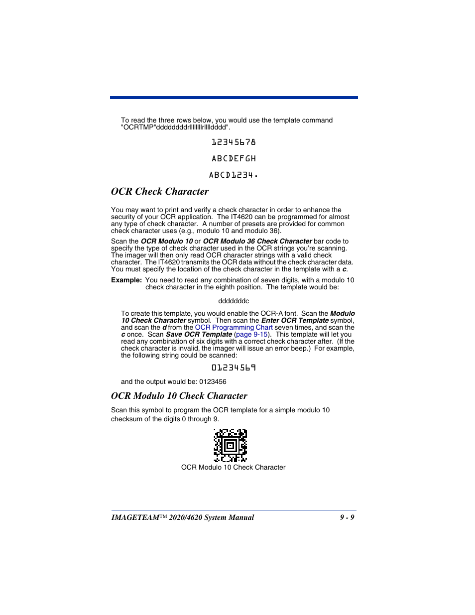 Ocr check character, Ocr modulo 10 check character, Ocr check character -9 | Ocr modulo 10 check character -9 | Hand Held Products 4620 User Manual | Page 173 / 248