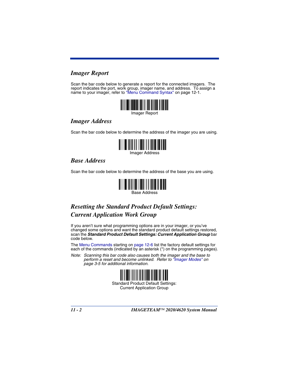 Imager report, Imager address, Base address | Current application work group -2 | Hand Held Products 4620 User Manual | Page 188 / 248