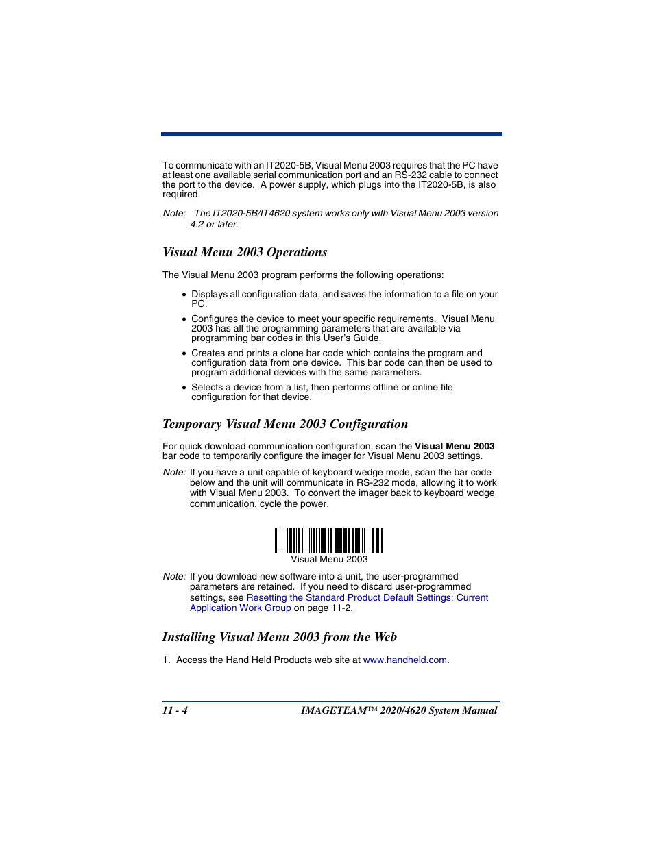 Installing visual menu 2003 from the web, Installing visual menu 2003 from the web -4, Visual menu 2003 operations | Temporary visual menu 2003 configuration | Hand Held Products 4620 User Manual | Page 190 / 248