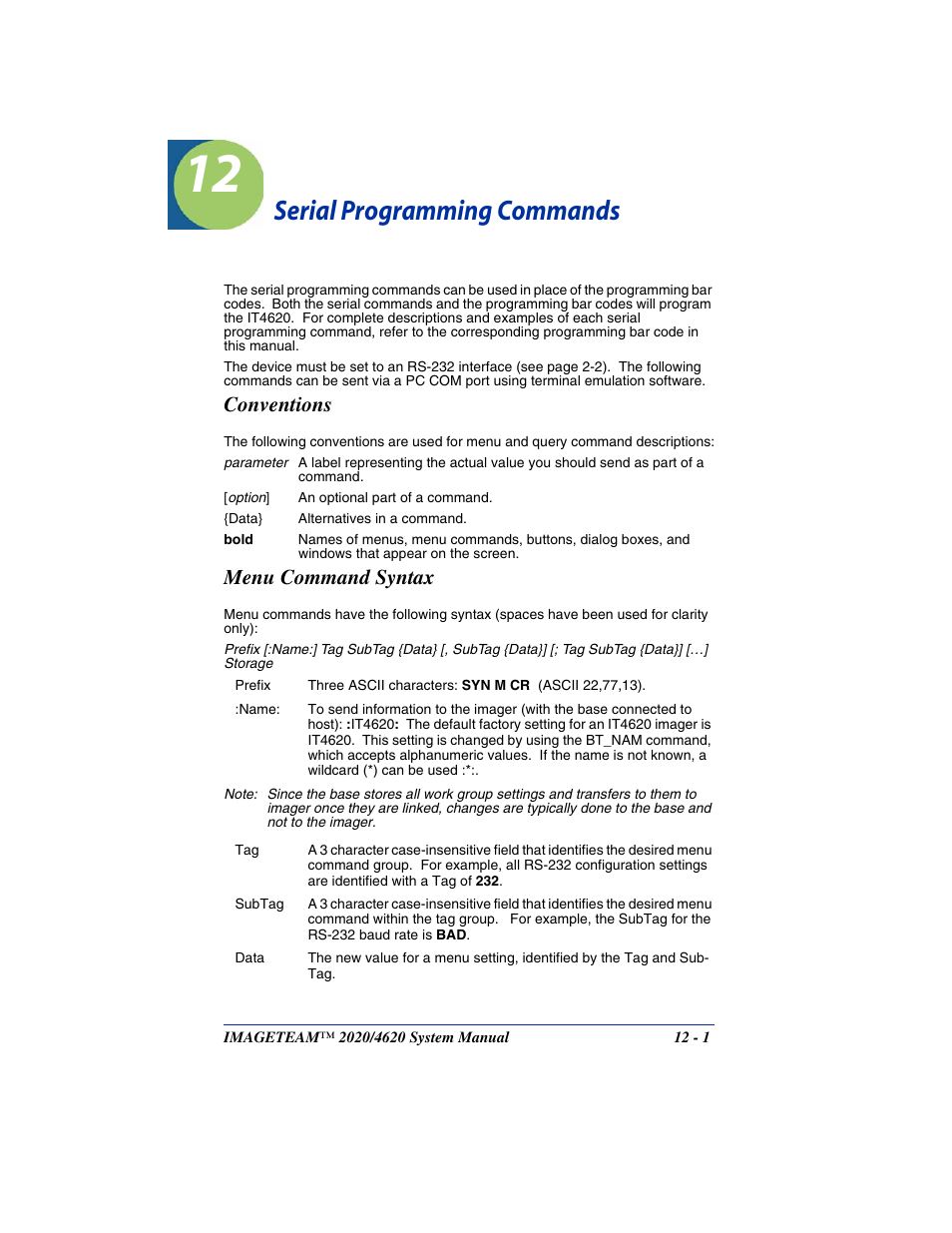 Serial programming commands, Conventions, Menu command syntax | Chapter 12 - serial programming commands, Conventions -1 menu command syntax -1, Chapter 12, For settings and defaults | Hand Held Products 4620 User Manual | Page 193 / 248