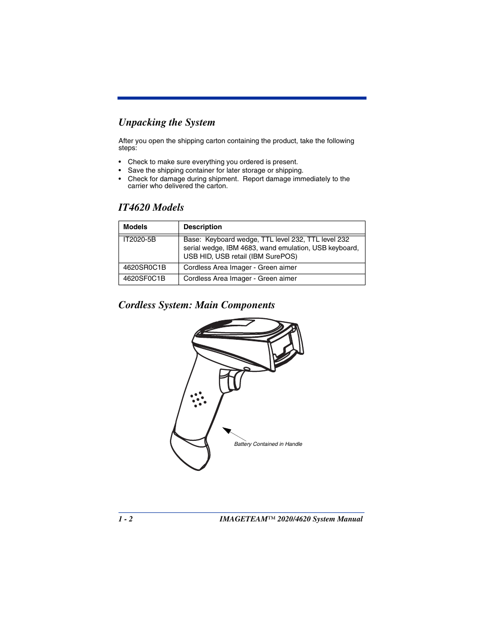 Unpacking the system, It4620 models, Cordless system: main components | It4620 models cordless system: main components | Hand Held Products 4620 User Manual | Page 22 / 248