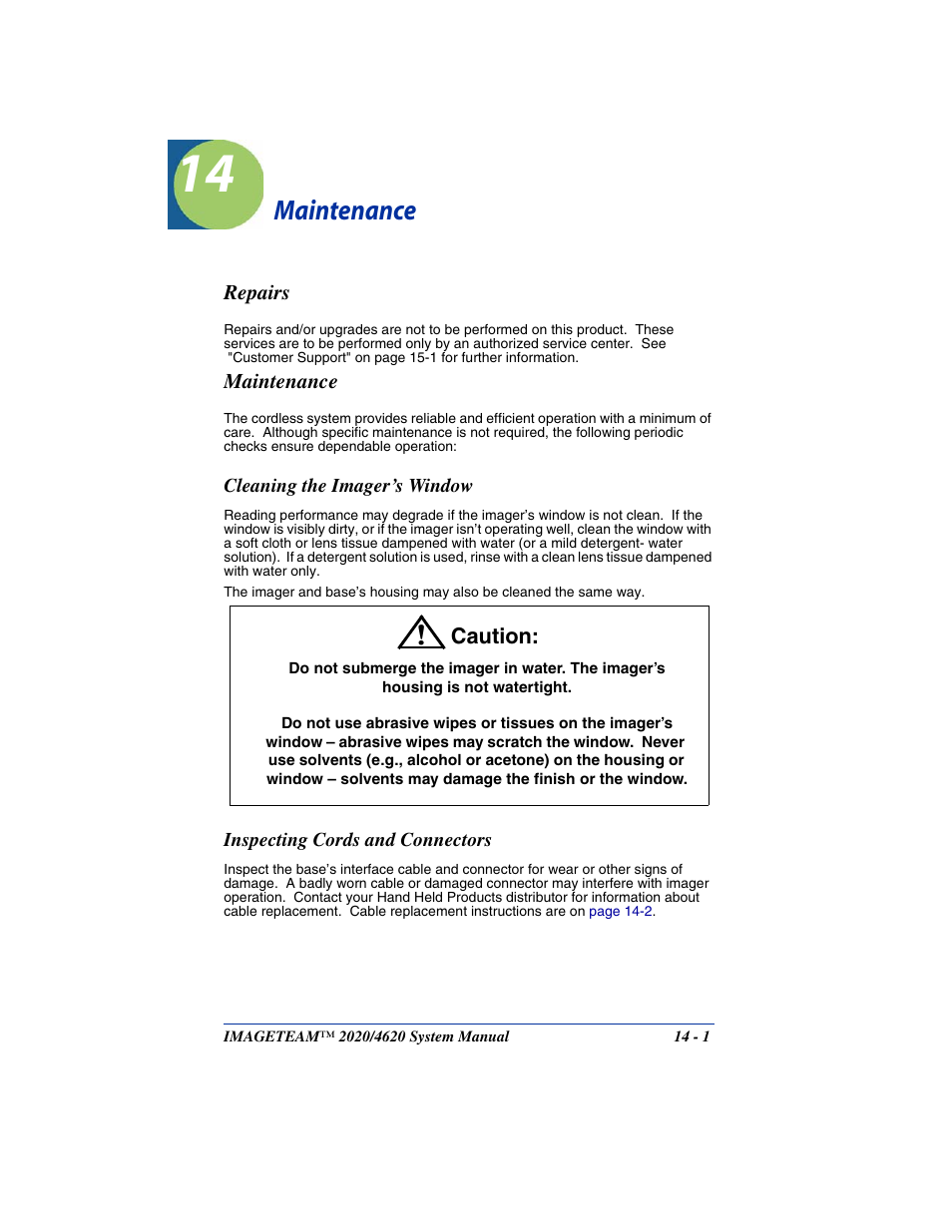 Maintenance, Repairs, Cleaning the imager’s window | Inspecting cords and connectors, Chapter 14 - maintenance, Repairs -1, Maintenance -1 | Hand Held Products 4620 User Manual | Page 225 / 248