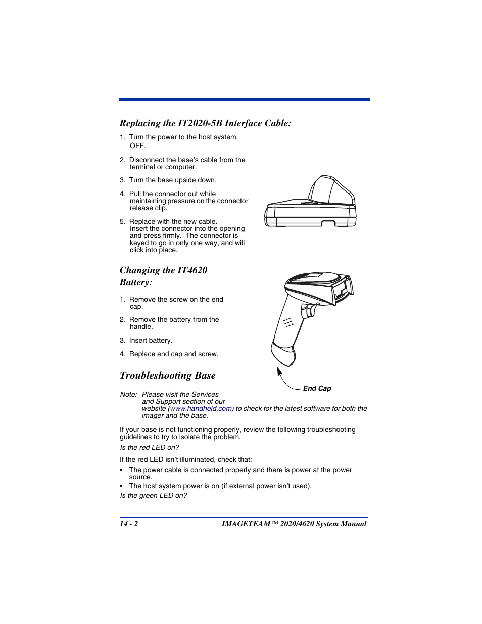 Replacing the it2020-5b interface cable, Troubleshooting base, Replacing the it2020-5b interface cable: -2 | Troubleshooting base -2, Changing the it4620 battery | Hand Held Products 4620 User Manual | Page 226 / 248