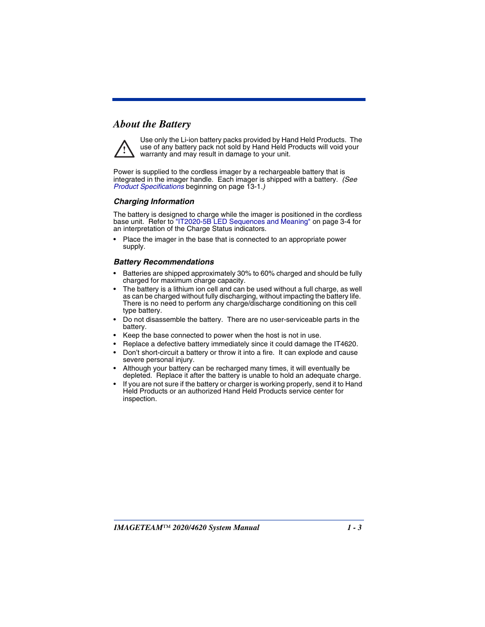 About the battery, About the battery -3 | Hand Held Products 4620 User Manual | Page 23 / 248