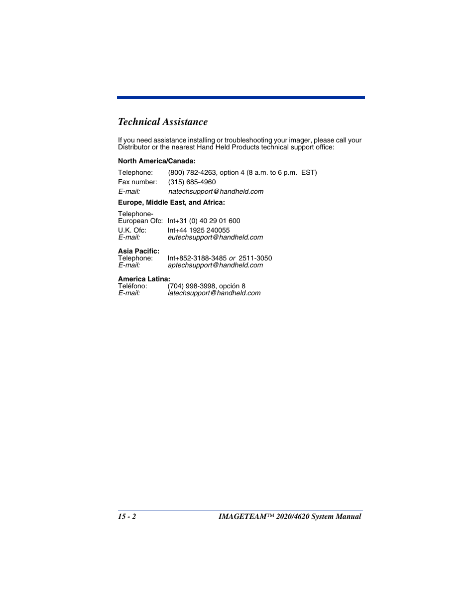 Technical assistance, Technical assistance -2 | Hand Held Products 4620 User Manual | Page 230 / 248