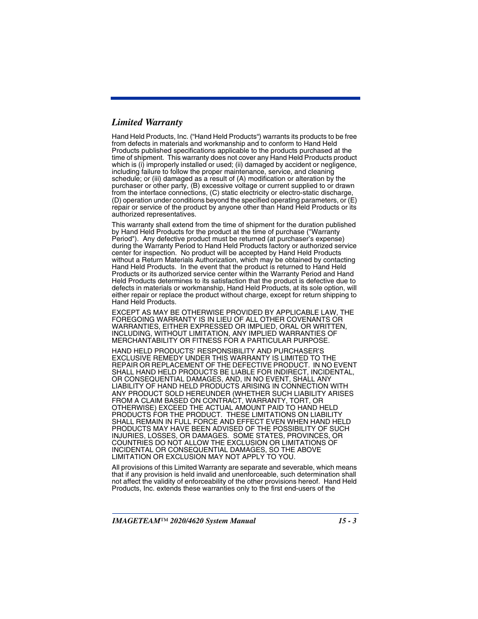Limited warranty, Limited warranty -3 | Hand Held Products 4620 User Manual | Page 231 / 248