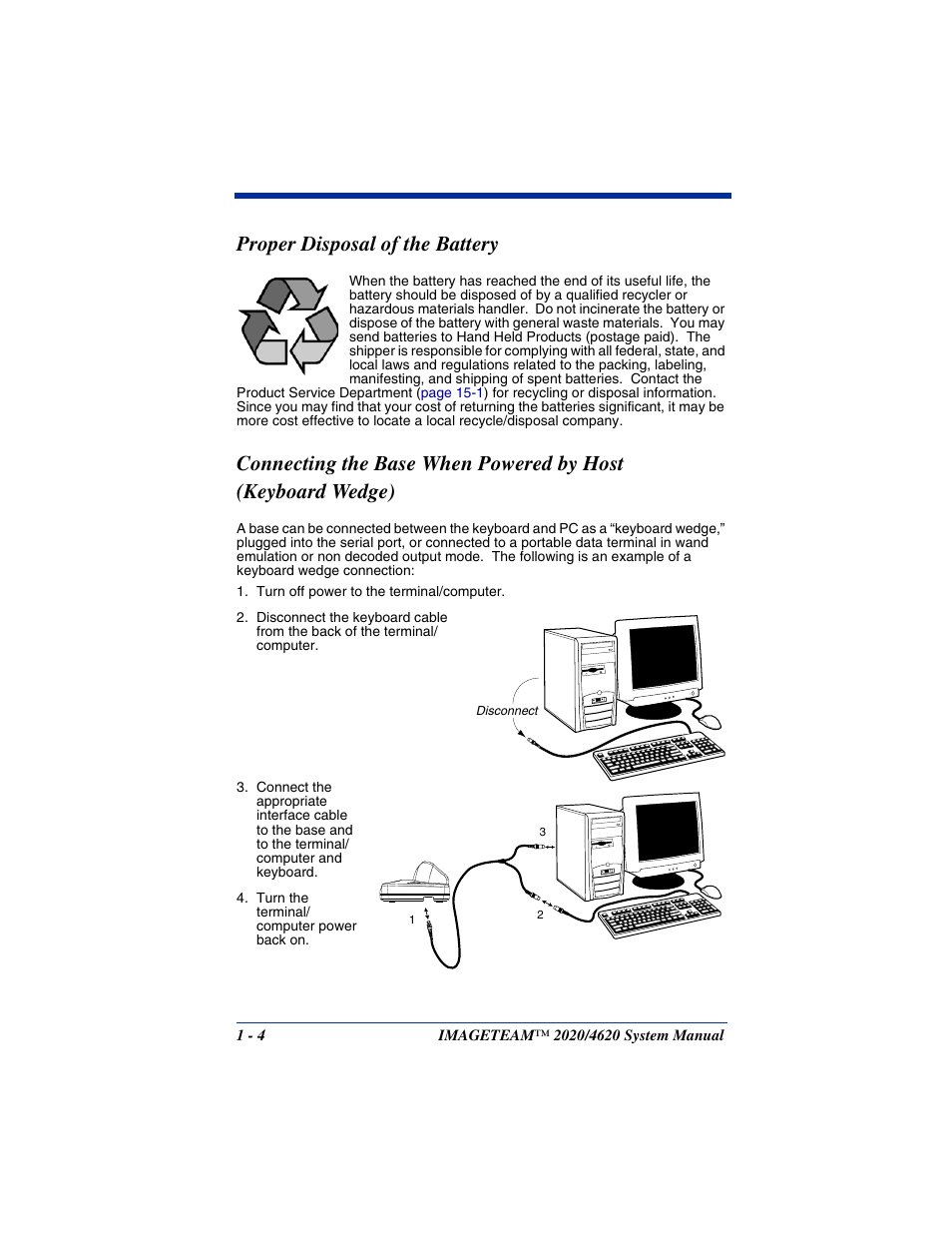 Proper disposal of the battery, Keyboard wedge) -4 | Hand Held Products 4620 User Manual | Page 24 / 248