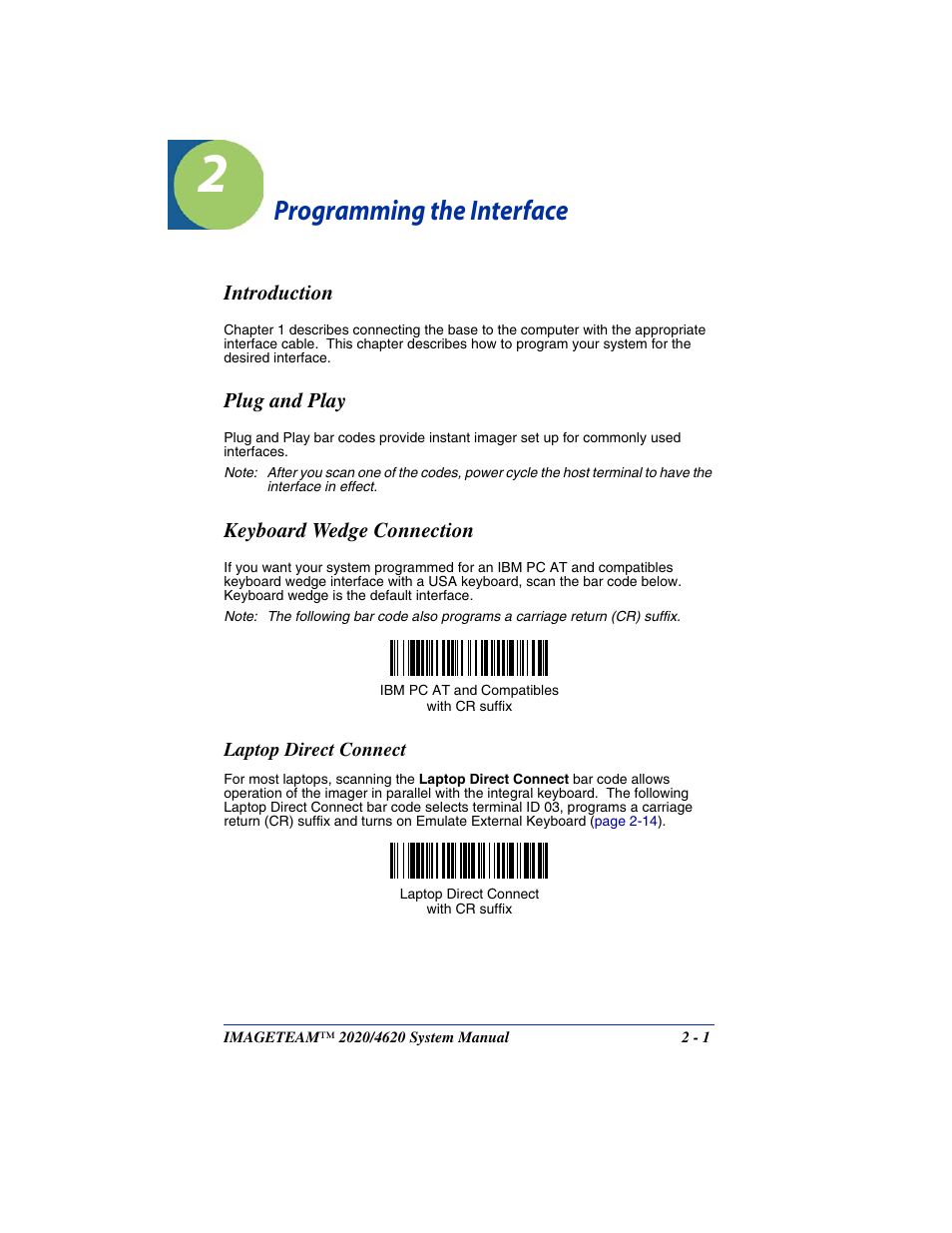Programming the interface, Introduction, Plug and play | Keyboard wedge connection, Laptop direct connect, Chapter 2 - programming the interface, Laptop direct connect -1, Keyboard wedge, Connection | Hand Held Products 4620 User Manual | Page 31 / 248