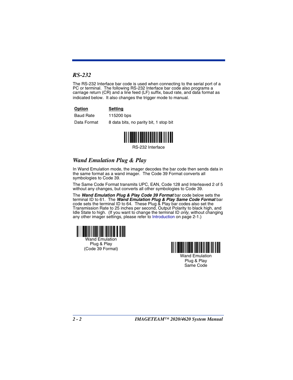 Rs-232, Wand emulation plug & play, Rs-232 -2 wand emulation plug & play -2 | Hand Held Products 4620 User Manual | Page 32 / 248