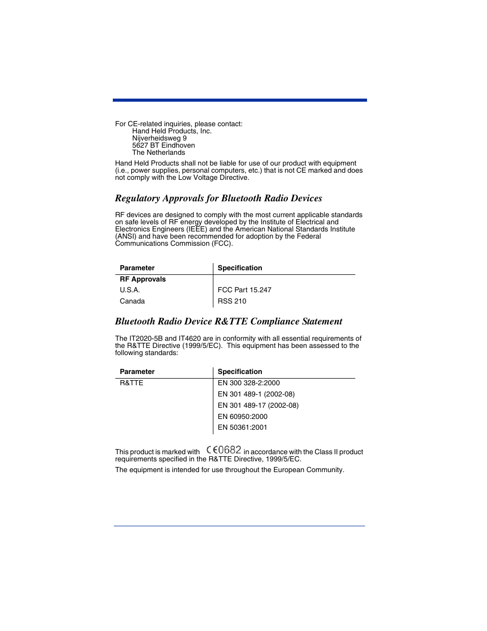 Regulatory approvals for bluetooth radio devices, Bluetooth radio device r&tte compliance statement | Hand Held Products 4620 User Manual | Page 5 / 248