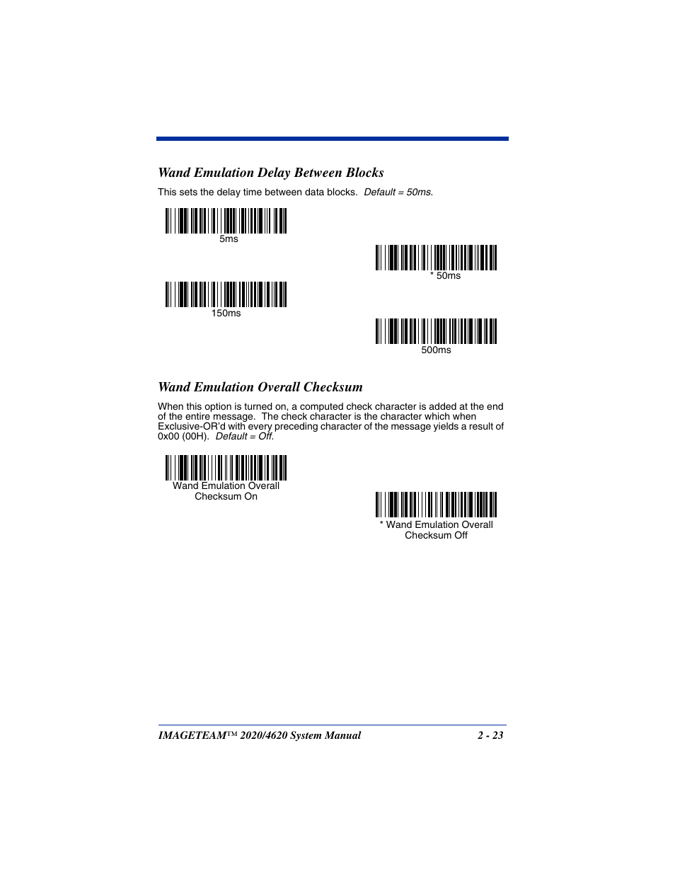 Wand emulation delay between blocks, Wand emulation overall checksum | Hand Held Products 4620 User Manual | Page 53 / 248