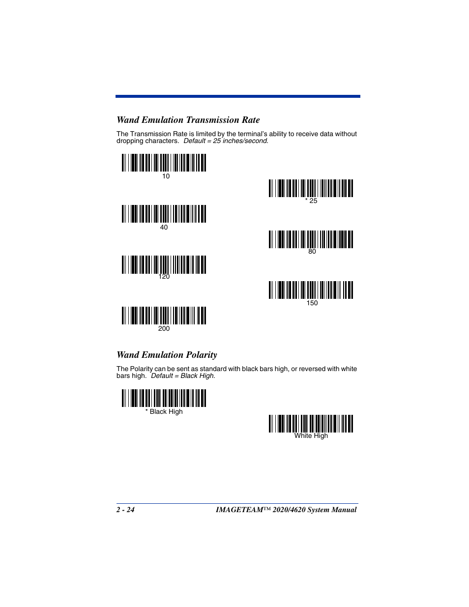 Wand emulation transmission rate, Wand emulation polarity | Hand Held Products 4620 User Manual | Page 54 / 248