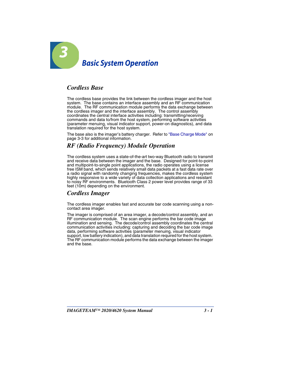 Basic system operation, Cordless base, Rf (radio frequency) module operation | Cordless imager, Chapter 3 - basic system operation | Hand Held Products 4620 User Manual | Page 57 / 248