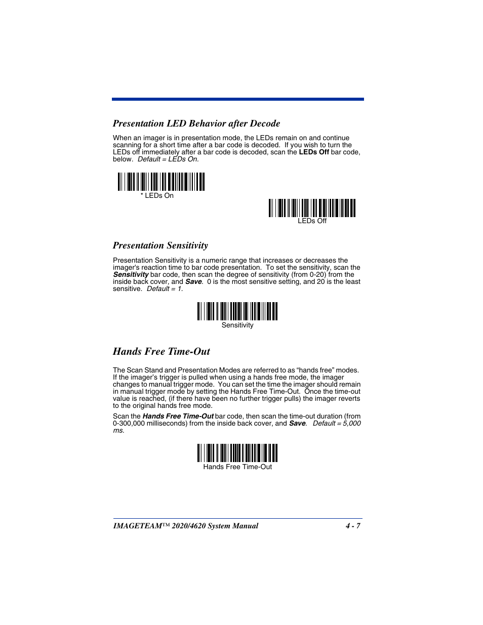 Presentation led behavior after decode, Presentation sensitivity, Hands free time-out | Hands free time-out -7 | Hand Held Products 4620 User Manual | Page 77 / 248
